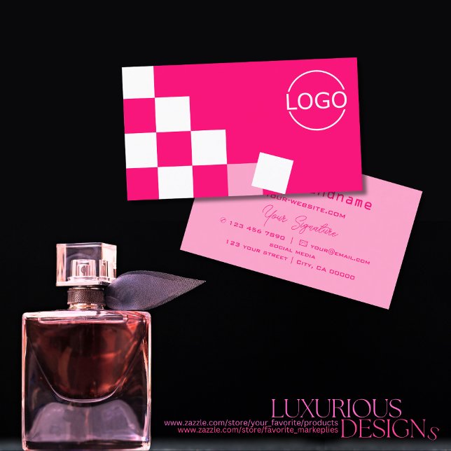 Carte De Visite à damiers rose et blanc moderne avec logo élégant (Créateur téléchargé)