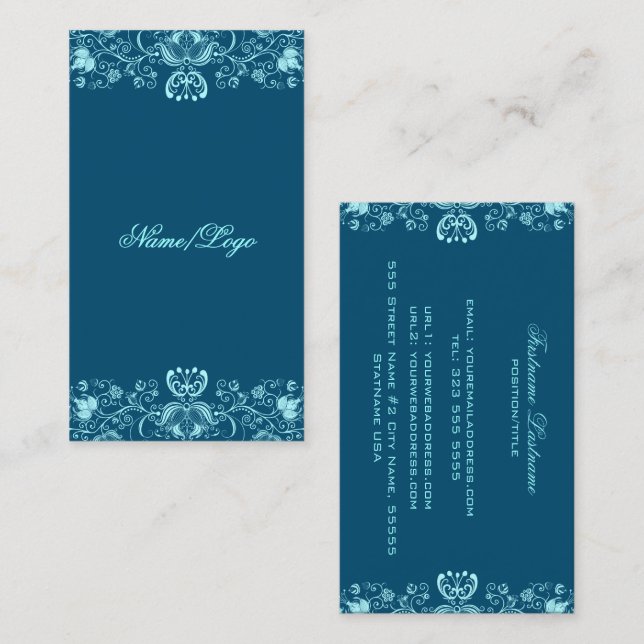 Carte de visite à perles florales bleu foncé et pa (Devant / Derrière)