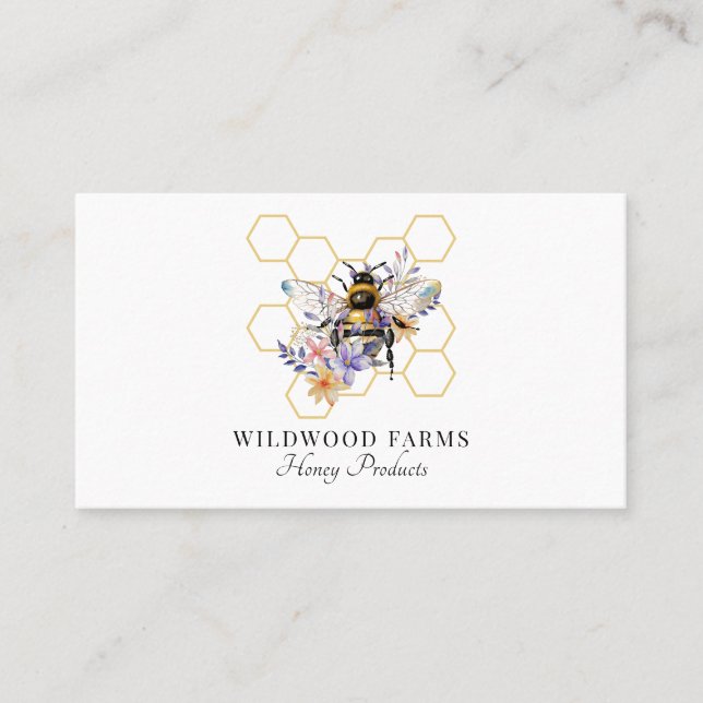 Carte De Visite Abeille aquarelle Floral Honeycomb Logo apiculteur (Devant)