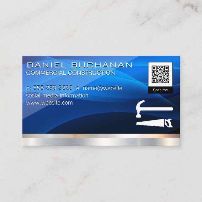 Carte De Visite Abstrait bleu | Marteau de scie | Code-barres QR (Devant)
