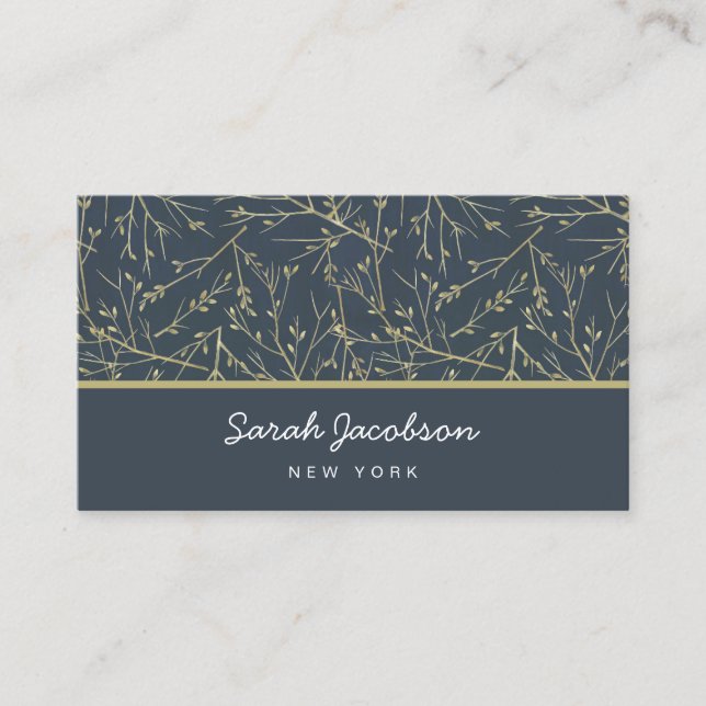 Carte De Visite Abstrait Branches Gris Bleu Or (Devant)