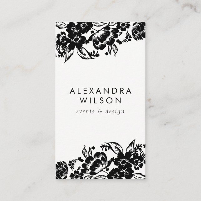 Carte De Visite Accent floral moderne noir et blanc (Devant)