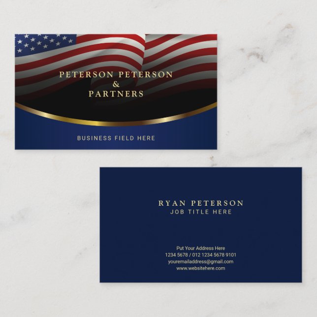 Carte De Visite Accents American Flag & Gold (Devant / Derrière)
