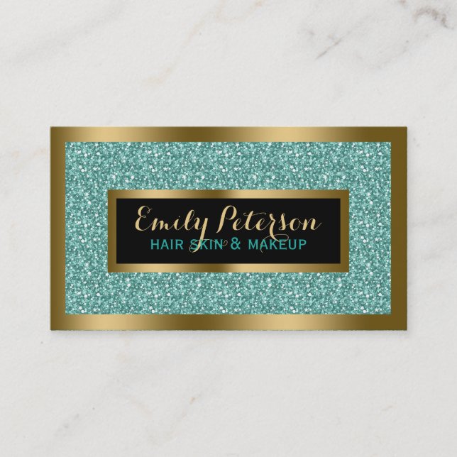 Carte De Visite Accents d'or de Parties scintillant Blue-Green Fau (Devant)