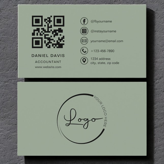 Carte De Visite Accountant Sage Green Logo QR Code  (Créateur téléchargé)