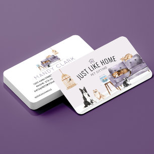 Carte De Visite Accueil Animaux assis Aquarelle Cosy Maison Mauve 