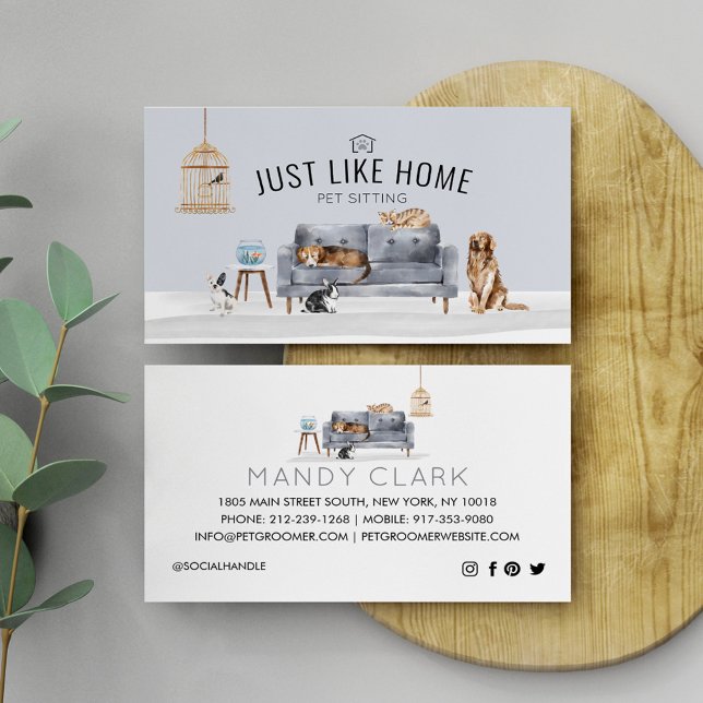 Carte De Visite Accueil Animaux de compagnie assis Aquarelle Cosy  (Home Pet Sitting Watercolor Cozy Home Grey Couch Business Card)