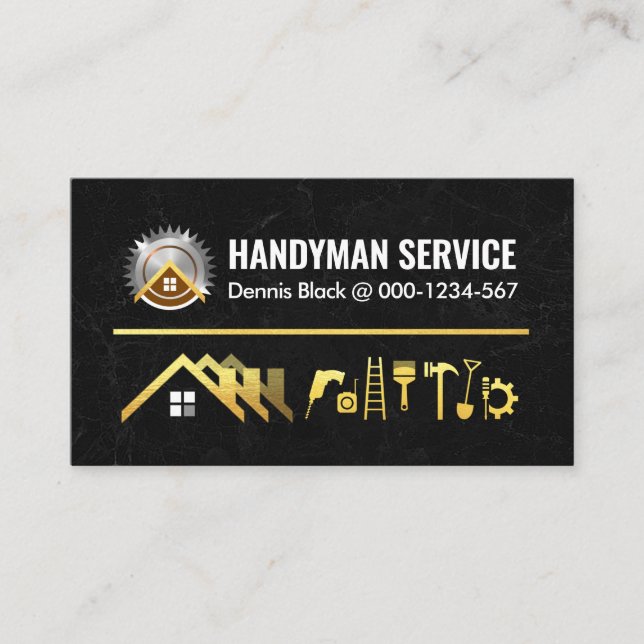 Carte De Visite Accueil Handyman Outils Sur Marbre Noir (Devant)