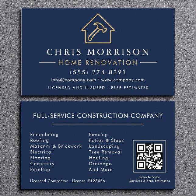 Carte De Visite Accueil Rénovation Réparation Marine Blue Gold QR  (Créateur téléchargé)