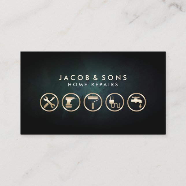 Carte De Visite Accueil Réparations Icônes or Turquoise Grunge Tex (Devant)