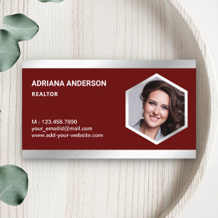 Carte De Visite Acier Argent Rouge Foncé Photo Immobilier Agent Im