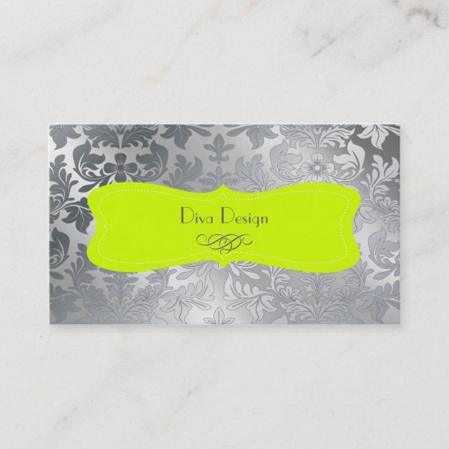 Carte De Visite Acier brossé, damas baroque/vert fluorescent (Devant)