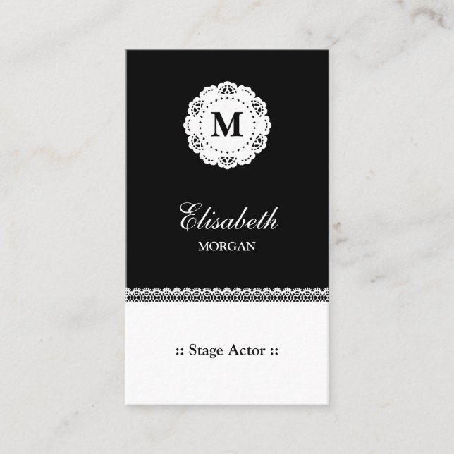 Carte De Visite Acteur de scène noir blanc dentelle Monogramme (Devant)