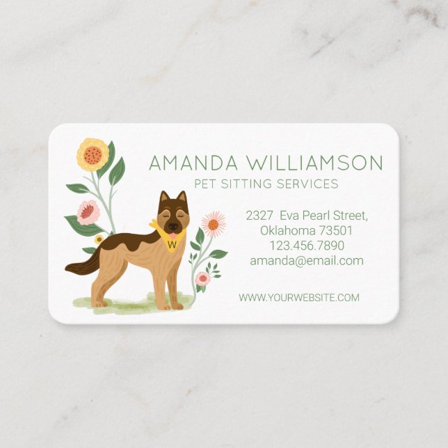 Carte De Visite Adorable Floral Allemand Shepard Services de soins (Devant)