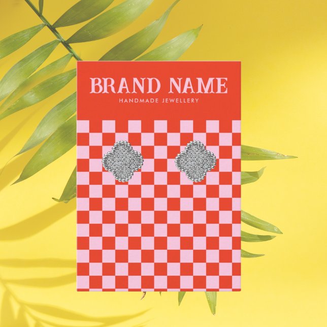 Carte De Visite Affichage des oreilles Super en rouge rose rétro (bold retro earring display for stud earrings with a colorful mid century pink and red checkerboard)