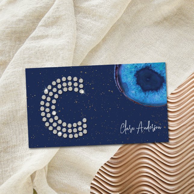 Carte De Visite Agate bleu diamant chic Lettre C initiale Monogram (Front)