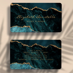 Carte De Visite Agate Bleu Sarcelle Paillettes Or Luxe Arrondi