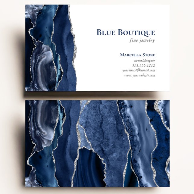 Carte De Visite Agate Geode Joaillier Designer Marine Blue Silver (Créateur téléchargé)