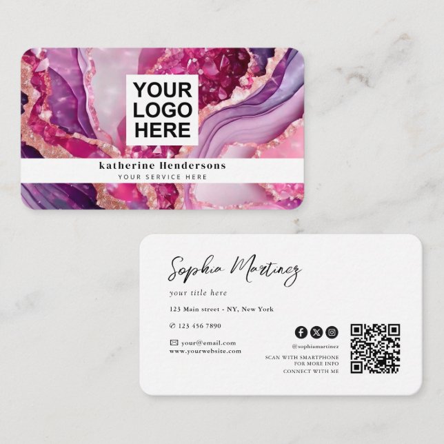 Carte De Visite Agate violette glamour & logo code QR (Devant / Derrière)