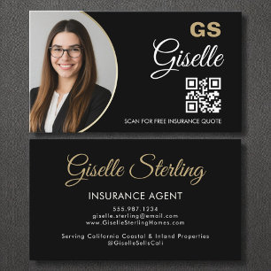 Carte De Visite Agent d'assurance Black Gold Photo QR Code