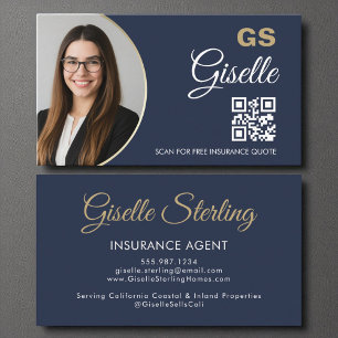 Carte De Visite Agent d'assurance Marine Blue Gold Photo QR Code
