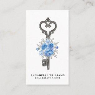 Carte De Visite Agent de l'immobilier à clé florale bleue