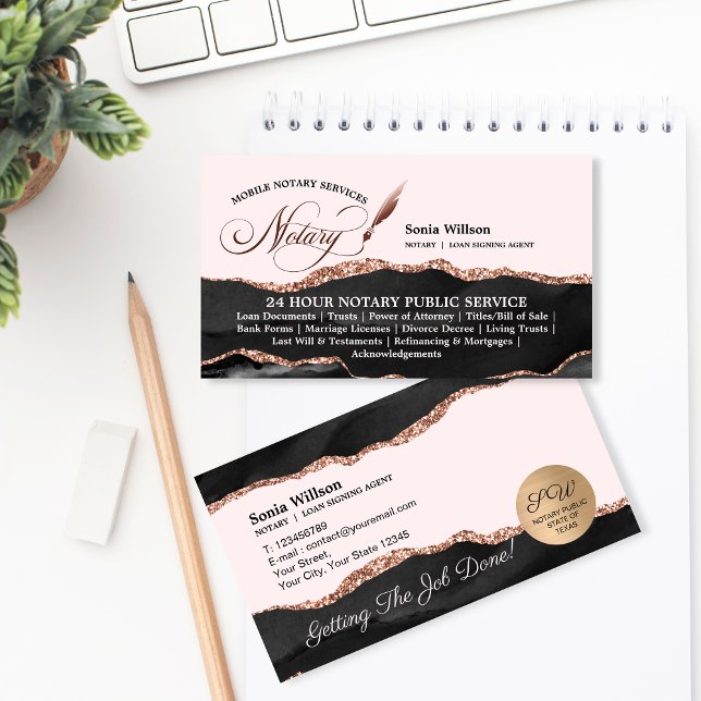 Carte De Visite Agent de signature de crédit et de notaire mobile  (Elegant and professional Notary logo design with blush pink and rose gold details)