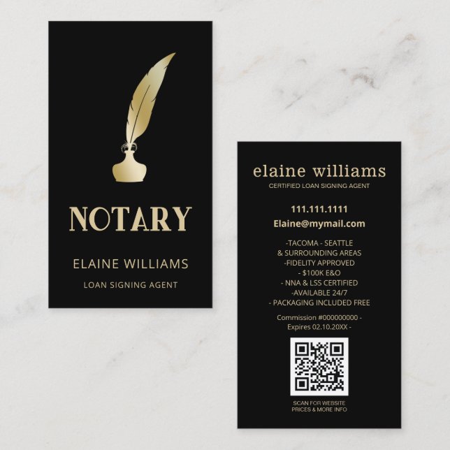 Carte De Visite Agent de signature de prêt notaire Black Gold QR (Devant / Derrière)