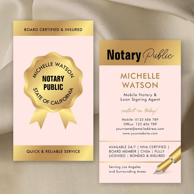 Carte De Visite Agent de signature de prêt notaire Moderne Blush R (Feminine notary public loan signing agent business cards in blush pink and gold)