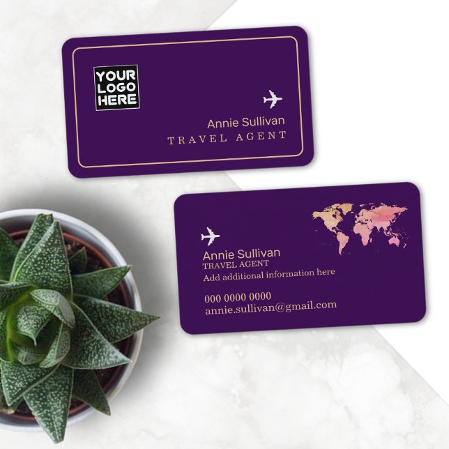 Carte De Visite Agent de Voyage Avion Plan du monde violet (Créateur téléchargé)