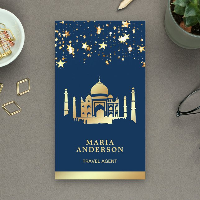 Carte De Visite Agent de voyage Navy Blue Gold Confetti Taj Mahal (Créateur téléchargé)