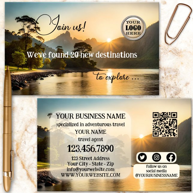 Carte De Visite Agent de voyages d'aventure Code QR moderne (Exotic destination adventure travel agent or agency business card)