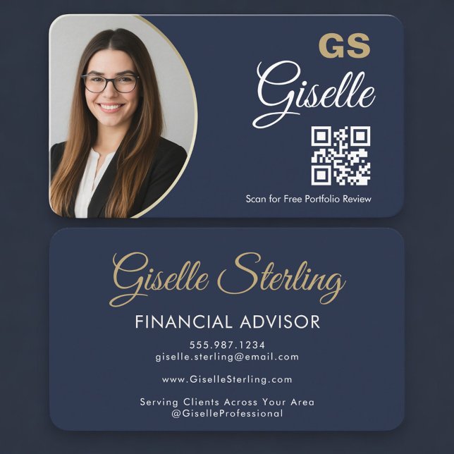 Carte de visite agent financier QR Code bleu marin (Créateur téléchargé)