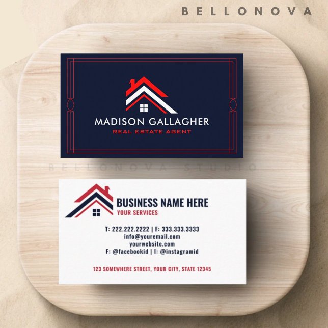 Carte De Visite Agent immobilier bleu bleu bleu bleu marine (Custom Dark Navy Blue White Real Estate Agent Business Card)