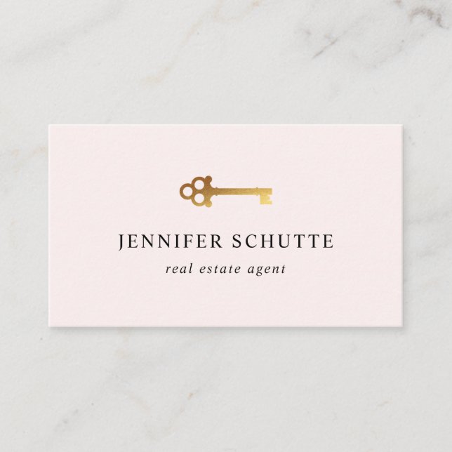 Carte De Visite Agent Immobilier Blush Pink Gold Key Luxe Moderne (Devant)