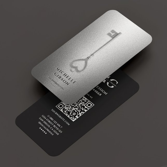 Carte De Visite Agent immobilier Clé Argent Réalisateur moderne (Real Estate Agent Silver Key Modern Realtor Business Card
)