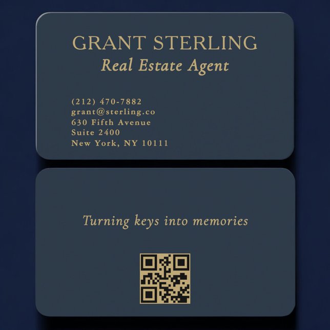 Carte de visite agent immobilier code QR bleu mari (Créateur téléchargé)