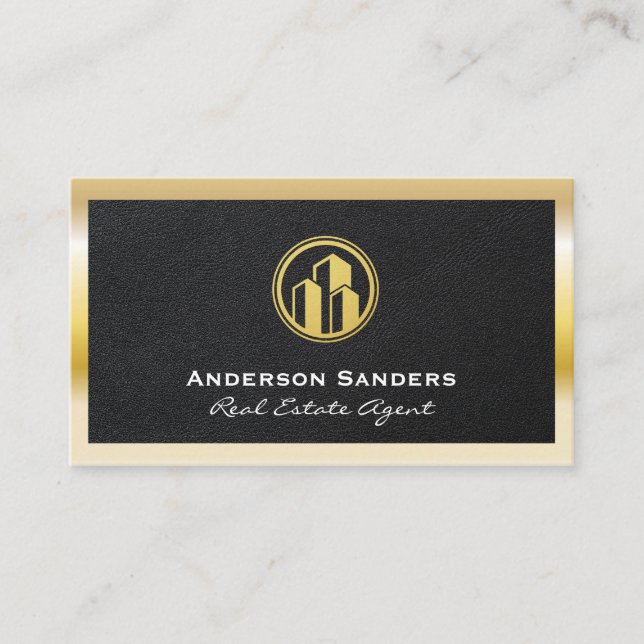 Carte De Visite Agent immobilier | Cuir | Cadre métal or (Devant)
