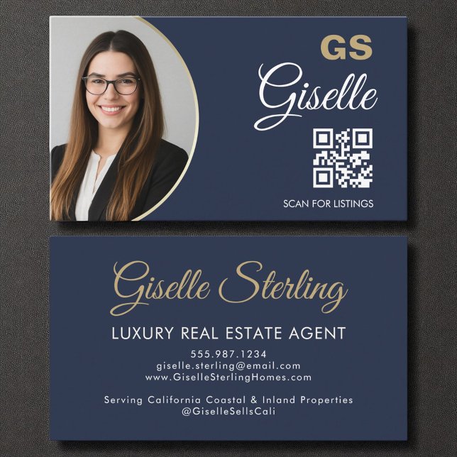 Carte De Visite Agent immobilier de luxe Marine Blue Gold QR Code (Créateur téléchargé)