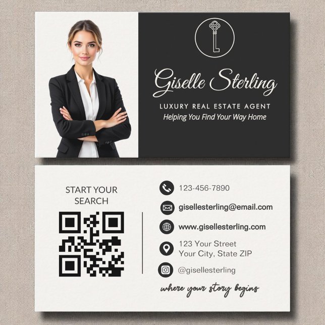 Carte De Visite Agent immobilier de luxe photo blanche Code QR (Créateur téléchargé)