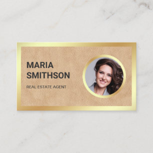 Carte De Visite Agent immobilier en cuir marron avec feuille d'or