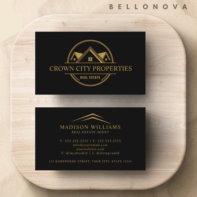 Carte De Visite Agent immobilier en noir et or personnalisé (Custom Black and Gold Real Estate Agent Business Card)