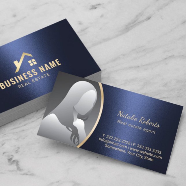 Carte De Visite Agent immobilier Gold House Logo Marine Blue Photo (Créateur téléchargé)