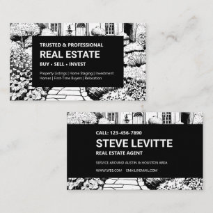 Carte De Visite Agent immobilier Jardin Noir & Blanc