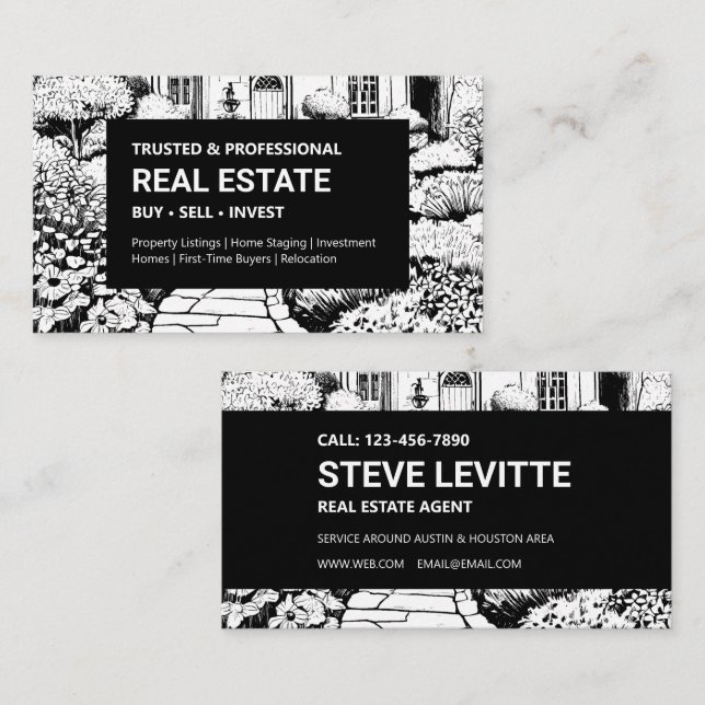 Carte De Visite Agent immobilier Jardin Noir & Blanc (Devant / Derrière)
