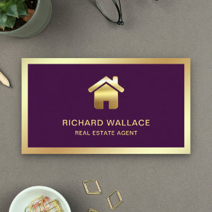 Carte De Visite Agent Immobilier Logo Maison Feuille D'Or Violet