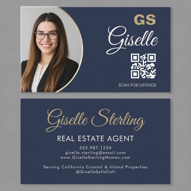 Carte De Visite Agent immobilier Marine Blue Gold Photo QR Code (Créateur téléchargé)