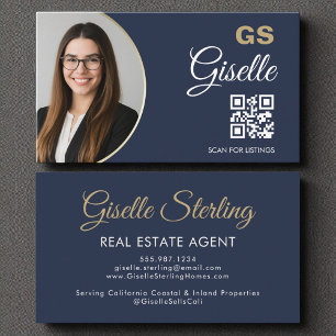 Carte De Visite Agent immobilier Marine Blue Gold Photo QR Code