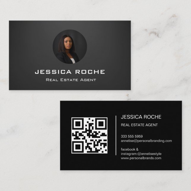 Carte De Visite Agent immobilier Moderne Noir Realtor Photo QR (Devant / Derrière)
