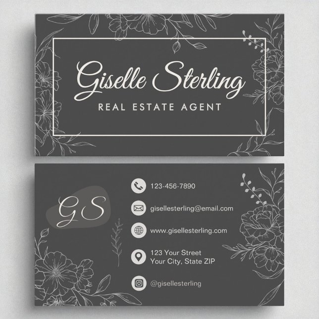 Carte De Visite Agent immobilier Moody Charcoal Grey Floral (Créateur téléchargé)